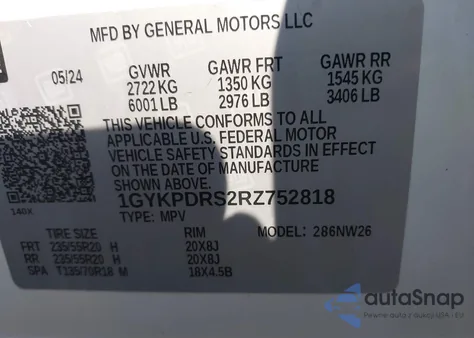 2024 Cadillac Xt6 Awd Premium Luxury z USA, uszkodzony, nr VIN 1GYKPDRS2RZ752818